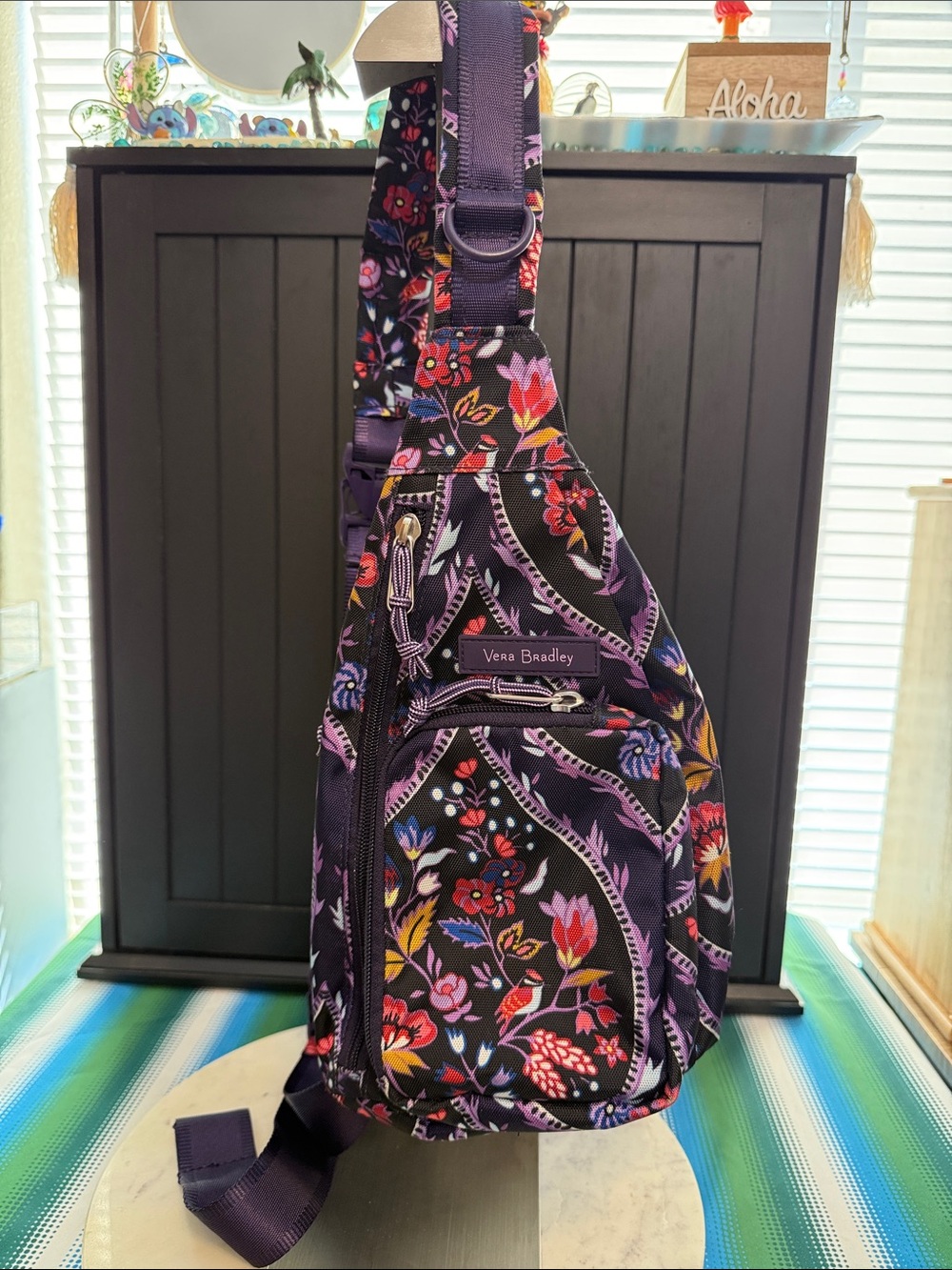 Vera Bradley Black and Purple Small Sling Crossbody with Purple Floral Print